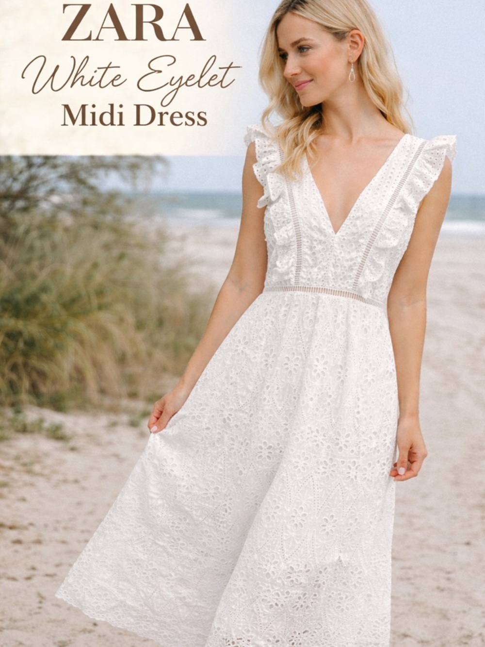ZARA White Eyelet Lace Midi Dress NWT Ruffle V-Neck Boho Bridal M